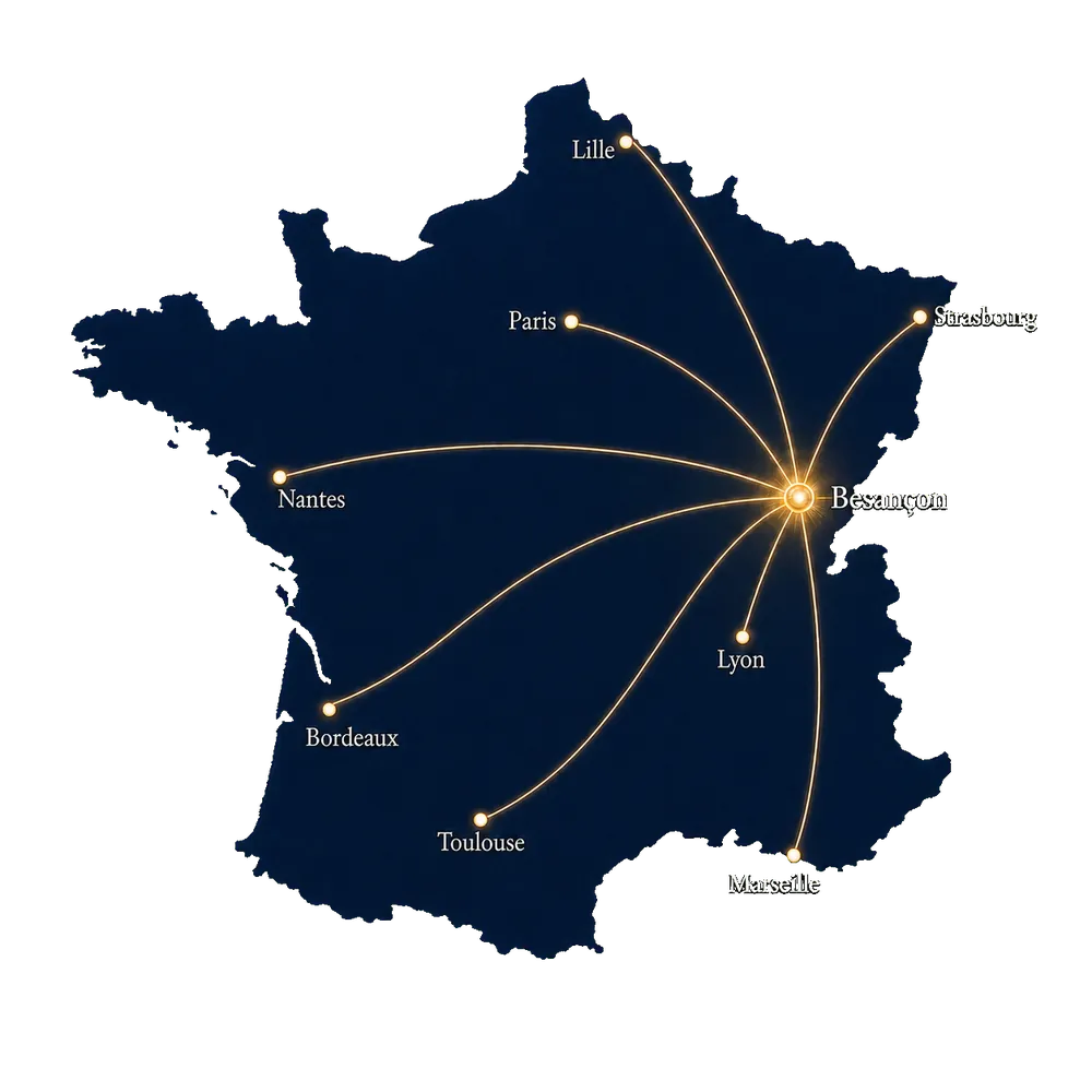 Carte de France montrant les liaisons depuis Besançon vers Lille, Paris, Strasbourg, Nantes, Bordeaux, Toulouse, Lyon et Marseille