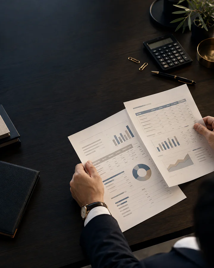 Une personne examine des documents financiers sur un bureau, à côté d’une calculatrice.