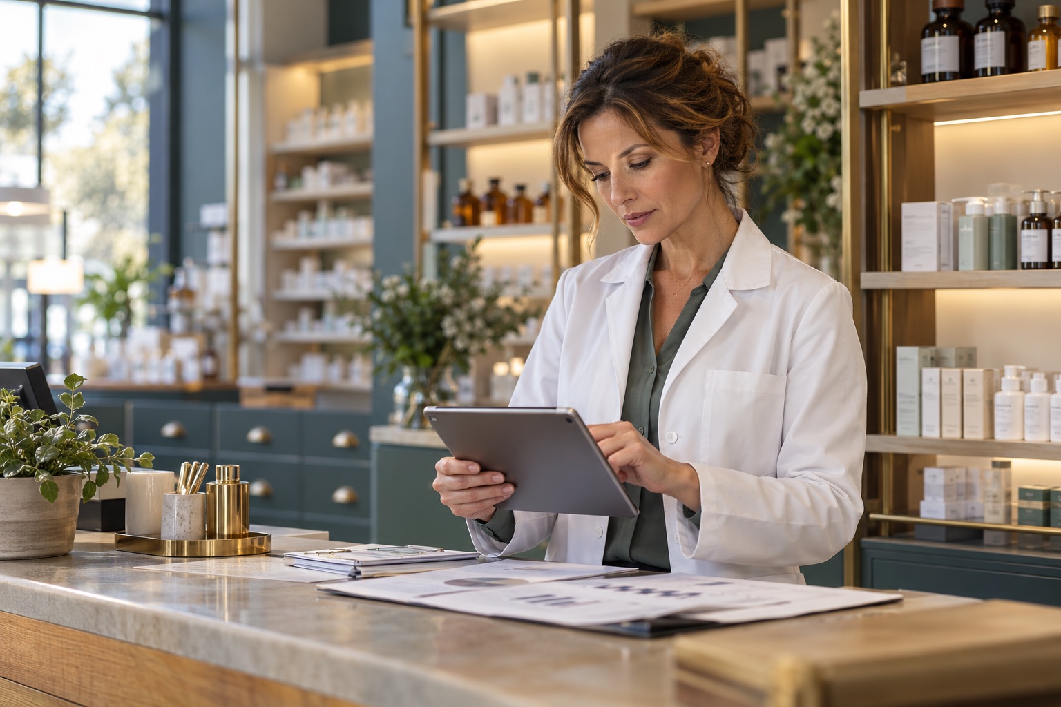 Pharmacienne titulaire étudiant la stratégie patrimoniale de son officine