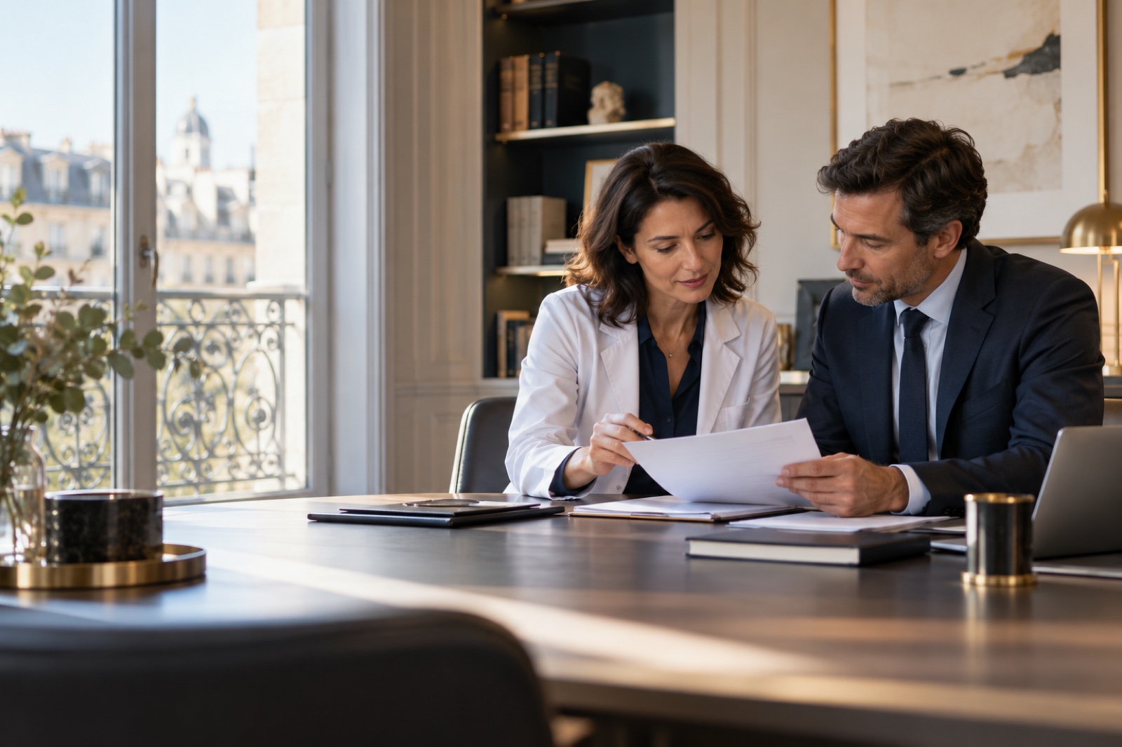 Professionnelle libérale préparant ses projets avec un conseiller